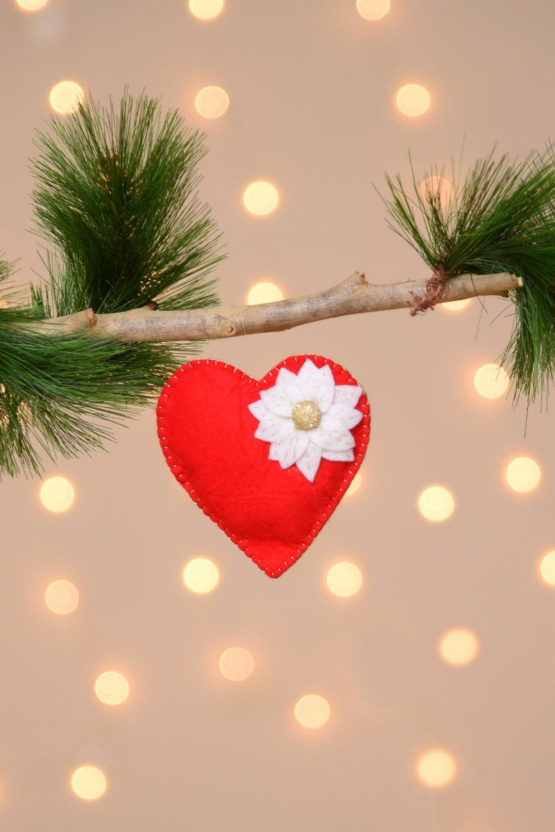 Red Heart with White Flower  Ornament