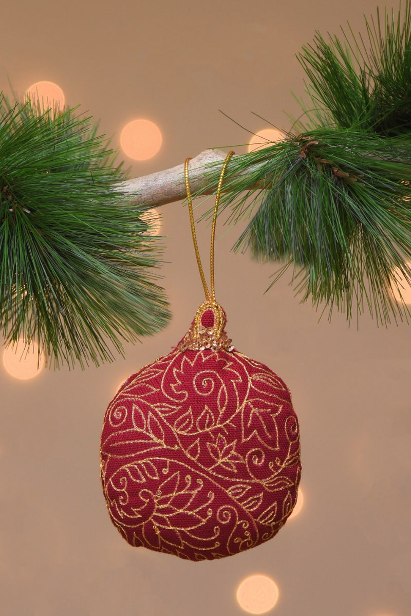 Maroon And Gold Embroidered Ball Ornament